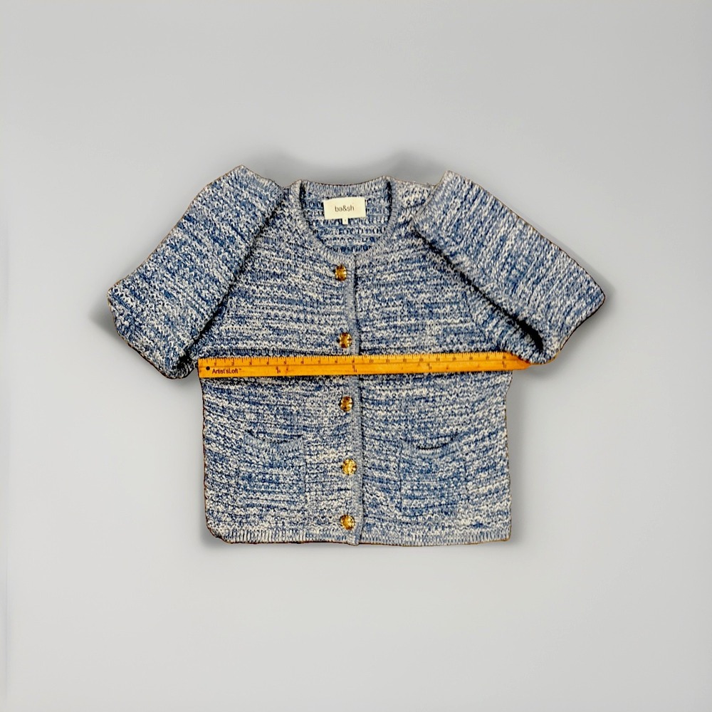 Ba&sh Guspa Cardigan Blue Tweed Knit Jacket Womens Size 2 US 6 Gold Crest Button - Picture 7 of 8